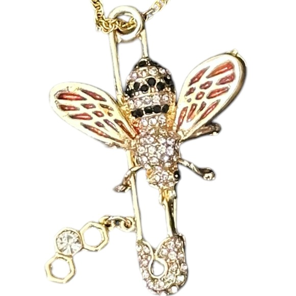 40-25 Golden Bee Brooch/Pendant Necklace with Gemstone Accents - Picture 4 of 4